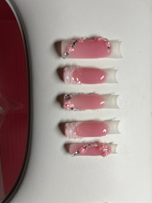 Long Square Pink and White French with Flowers