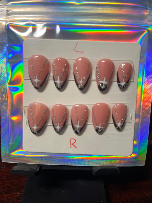 Short Almond Black Tip With Designs
